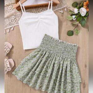 SHEIN Tween Girl Casual Comfortable Camisole Top & Floral Skirt Two-Piece Set